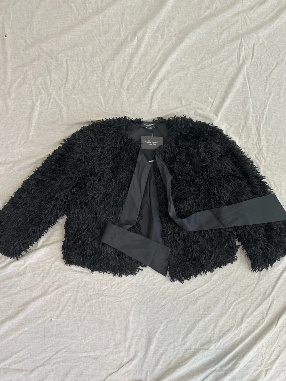 kate spade Black Faux Fur Tie-Front Cropped Jacket